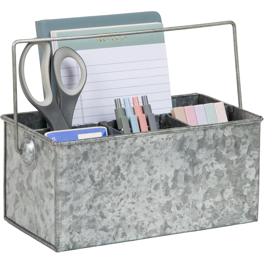 imageMind Reader 4Compartment Metal Organizer Caddy with Handle MultiPurpose Storage Galvanized Metal 925quotL x 5quotW x 45quotH SilverOne Size