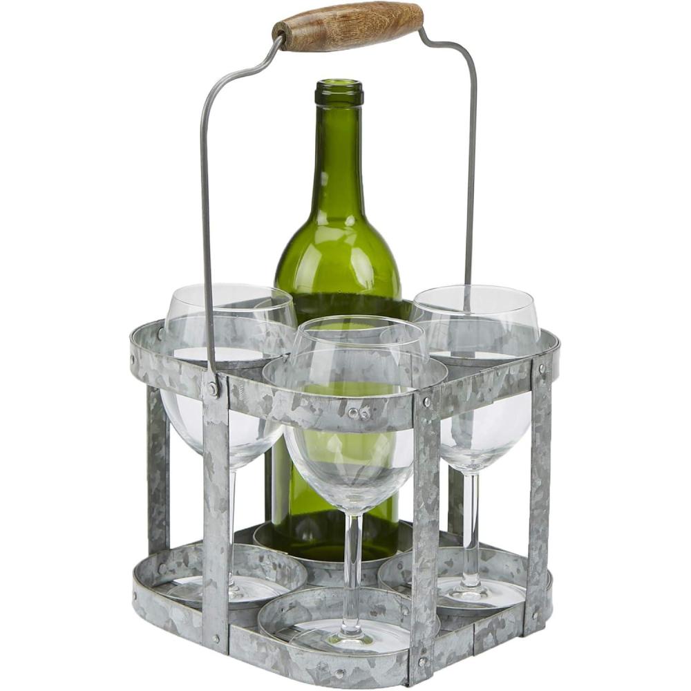 imageMind Reader 6Bottle Wine Bottle and Glass Caddy Stemware Holder Outdoor Galvanized Metal 12quot L x 775quot W x 625quot H Silver4 Compartment