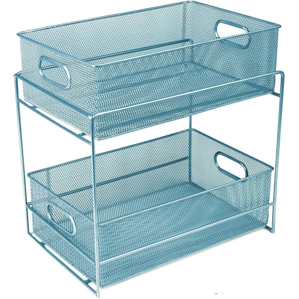 imageMind Reader Accessory Organizer Supply Storage Makeup Office Kitchen Metal Mesh 825quotL x 125quotW x 125quotH SilverTurquoise 2 Tier Mesh