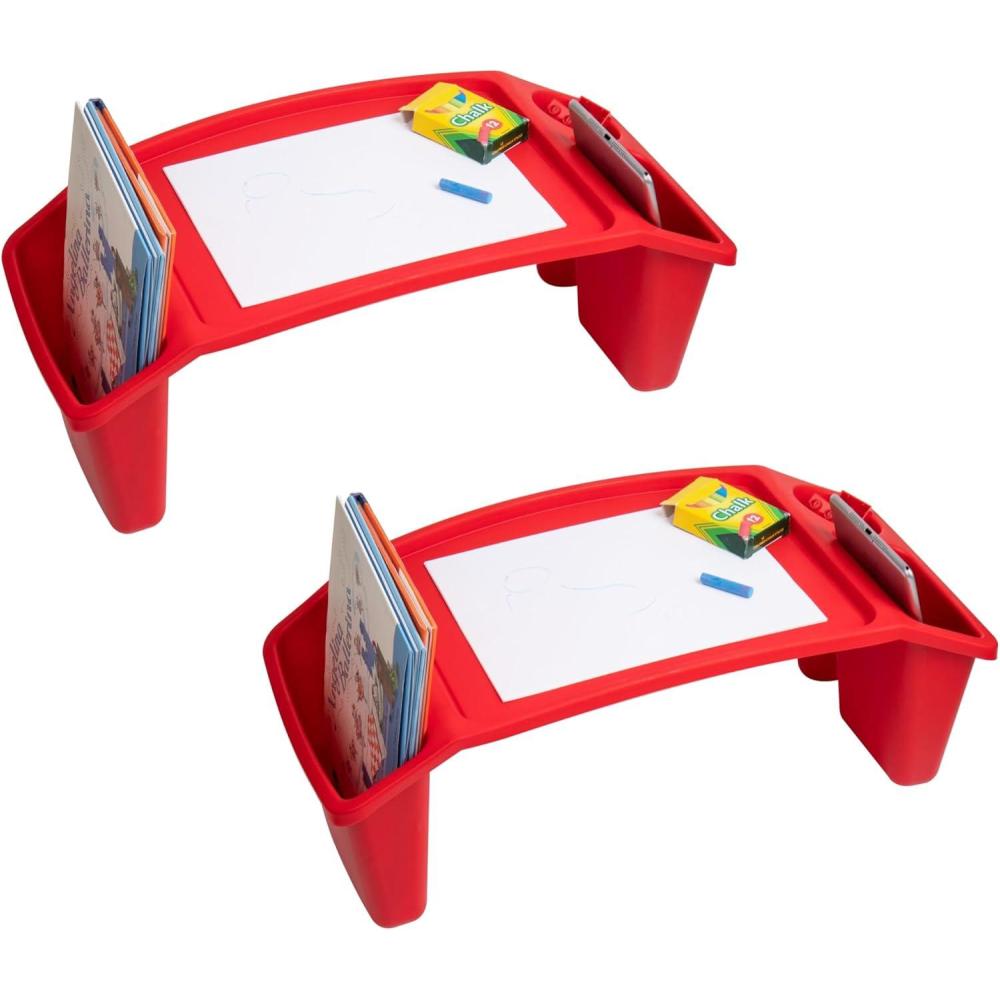 imageMind Reader Kids Lap Desk Portable Activity Tray with Side Storage Stackable Plastic Desk for Drawing Snacks Study Set of 2 GreenRed