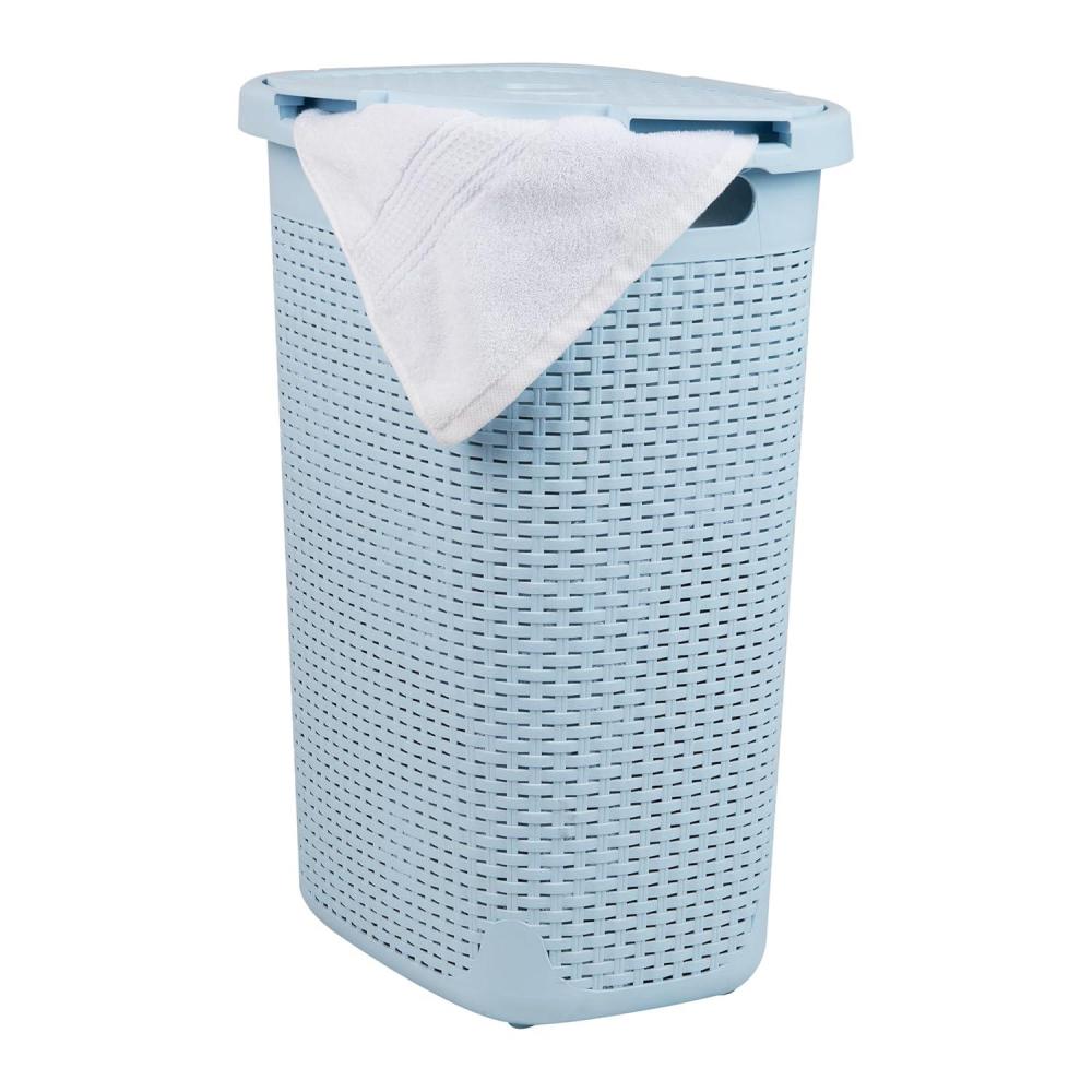 imageMind Reader Slim Laundry Hamper with Lid 60L Clothes Basket Premium Wicker Design Plastic IvoryBaby Blue