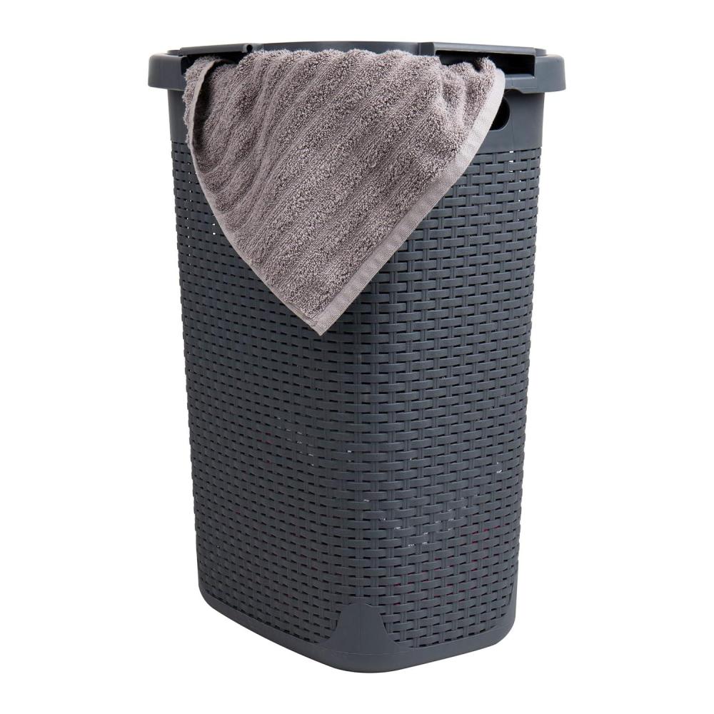 imageMind Reader Slim Laundry Hamper with Lid 60L Clothes Basket Premium Wicker Design Plastic IvoryGray