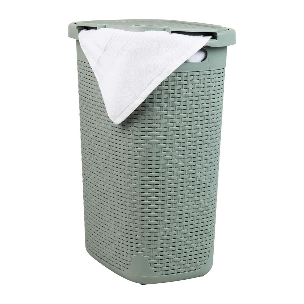imageMind Reader Slim Laundry Hamper with Lid 60L Clothes Basket Premium Wicker Design Plastic IvoryMint