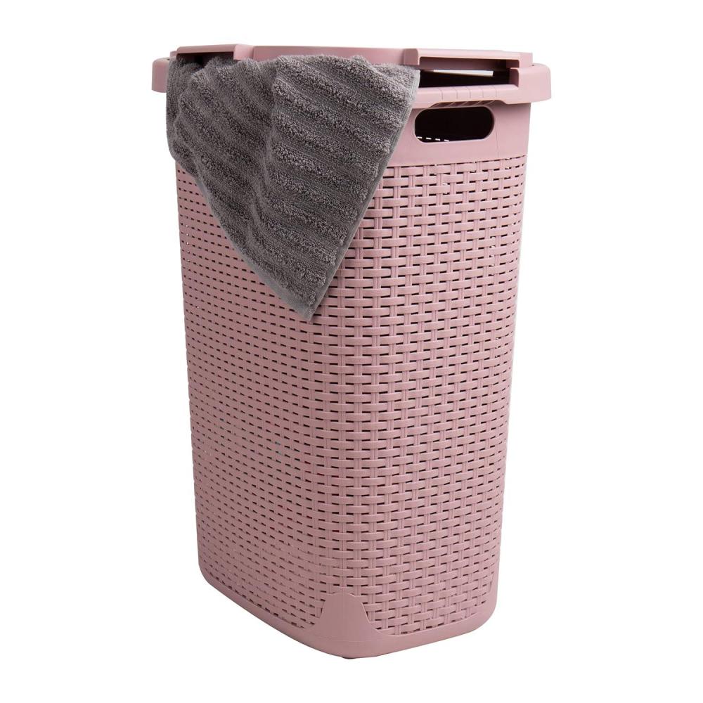 imageMind Reader Slim Laundry Hamper with Lid 60L Clothes Basket Premium Wicker Design Plastic IvoryPink