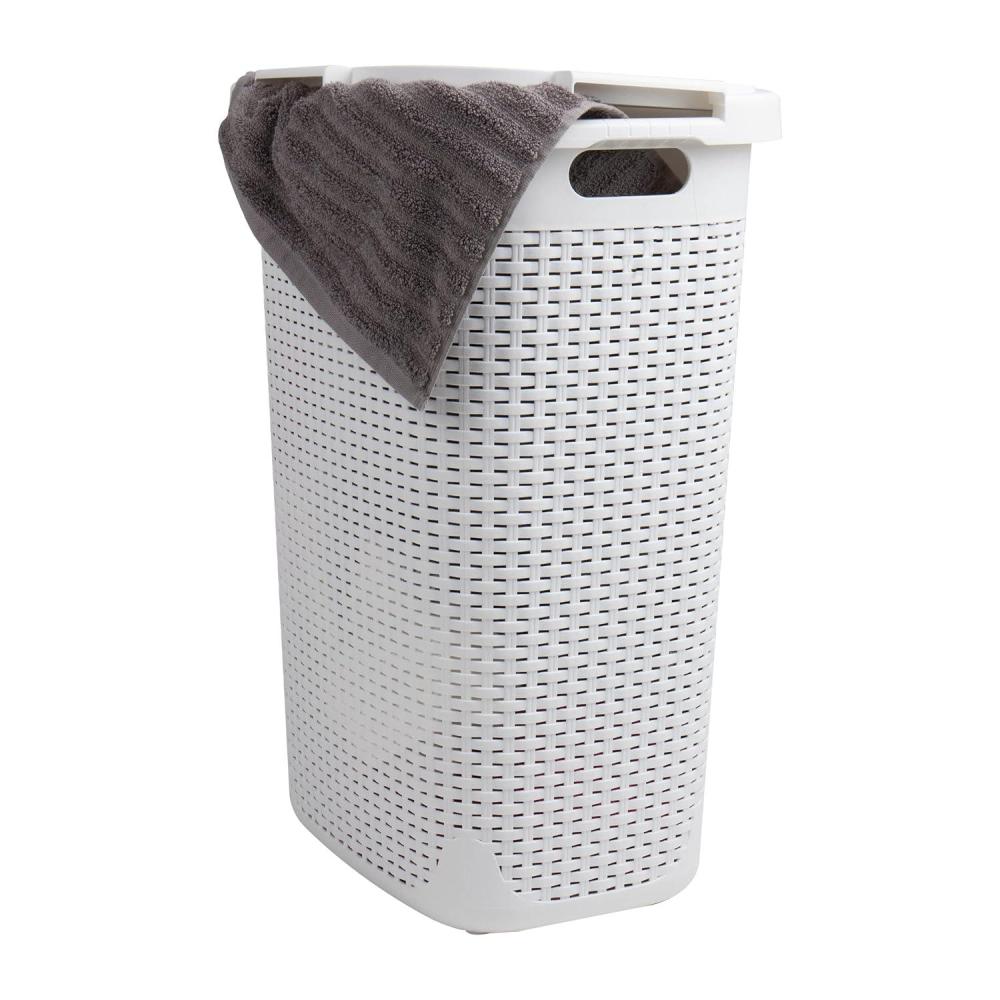 imageMind Reader Slim Laundry Hamper with Lid 60L Clothes Basket Premium Wicker Design Plastic IvoryWhite