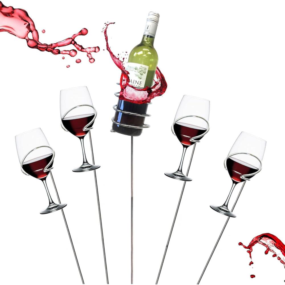 imageMind Reader Wine Glass and Bottle Stakes Vacation Essentials Beach Wine Holder Metal 35quot L x 35quot W x 19quot H 5 Pcs SilverSilver Bottle Glass Holder