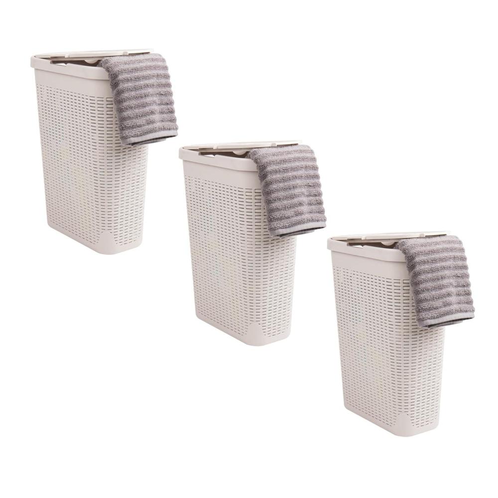 imageMind Reader 40L Slim Laundry Hamper Clothes Basket Lid Premium Wicker Design Plastic Set of 3 BlackIvory