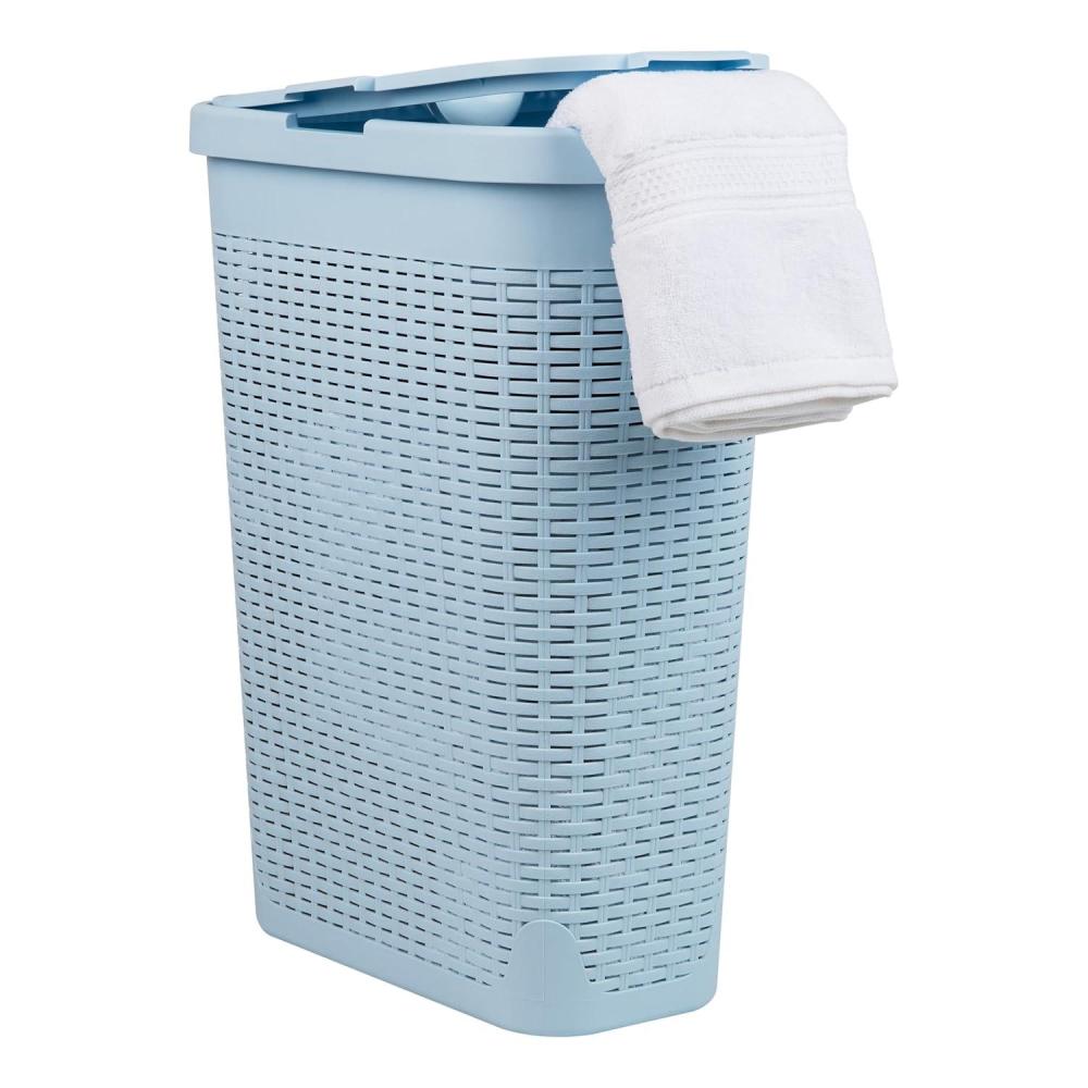 imageMind Reader Slim Laundry Hamper with Lid 40L Clothes Basket Premium Wicker Design Plastic MintBaby Blue