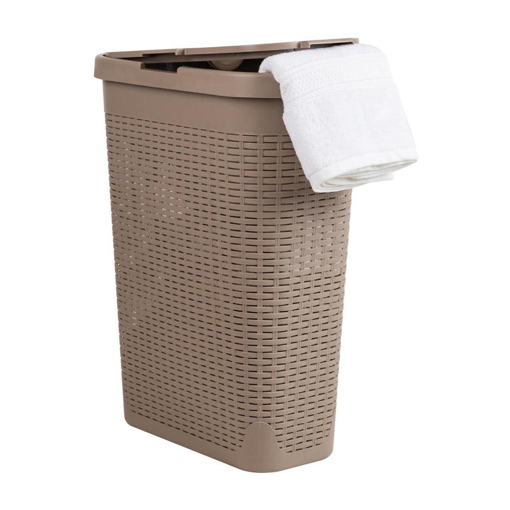 imageMind Reader Slim Laundry Hamper with Lid 40L Clothes Basket Premium Wicker Design Plastic MintTan