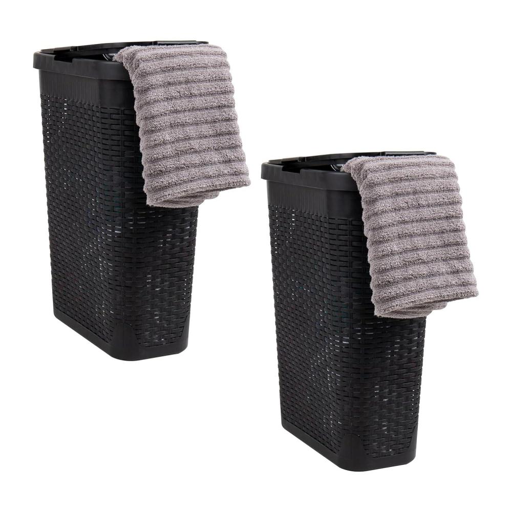 imageMind Reader Slim Laundry Hamper with Lid 40L Clothes Basket Premium Wicker Design Plastic Set of 2 IvoryBlack