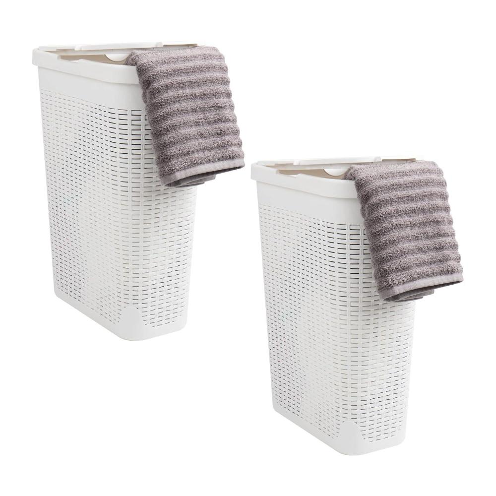 imageMind Reader Slim Laundry Hamper with Lid 40L Clothes Basket Premium Wicker Design Plastic Set of 2 IvoryWhite