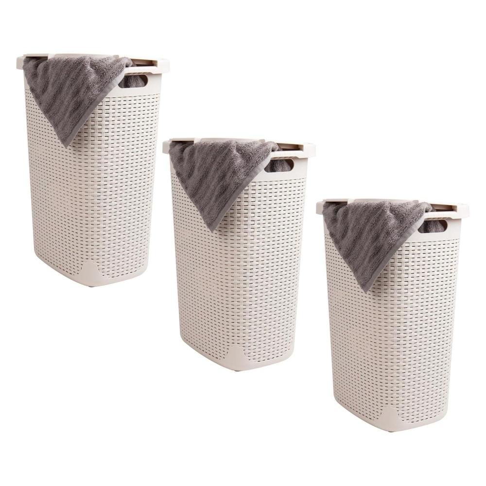 imageMind Reader Slim Laundry Hamper with Lid 60L Clothes Baskets Premium Wicker Design Plastic 3Pack BlackIvory