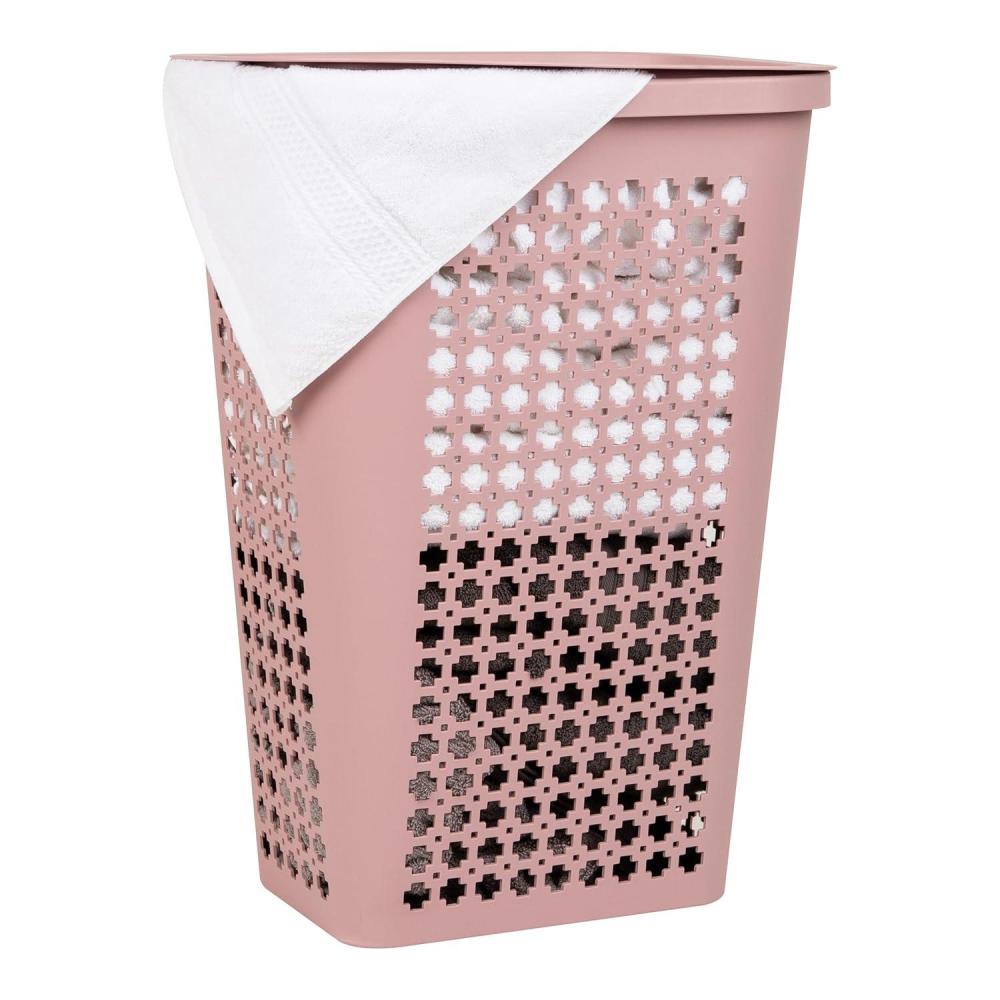 imageMind Reader Slim Tapered Laundry Hamper with Lid Clothes Basket with Swiss Cross CutOuts Lightweight ampamp Ventilated Plastic 1675quotL x 1275quotW x 23quotH BlackPink