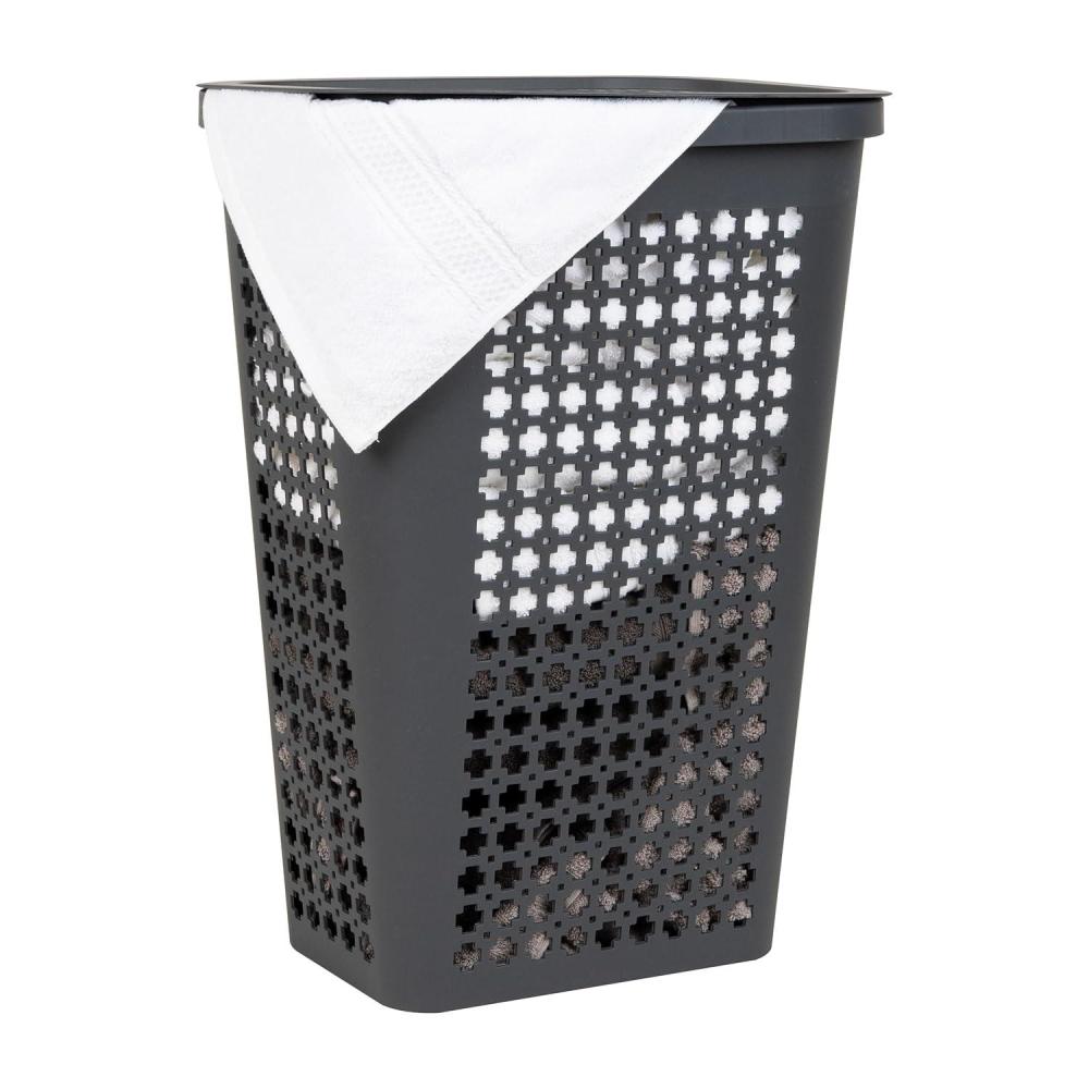 imageMind Reader Slim Tapered Laundry Hamper with Lid Clothes Basket with Swiss Cross CutOuts Lightweight ampamp Ventilated Plastic 1675quotL x 1275quotW x 23quotH BlackGray