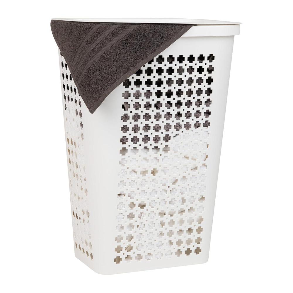 imageMind Reader Slim Tapered Laundry Hamper with Lid Clothes Basket with Swiss Cross CutOuts Lightweight ampamp Ventilated Plastic 1675quotL x 1275quotW x 23quotH BlackWhite