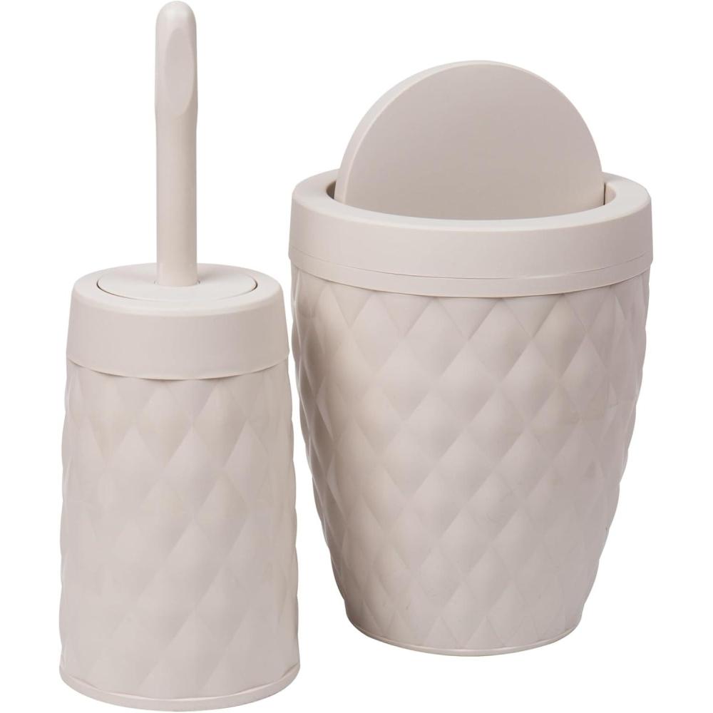 imageMind Reader Trash Can and Toilet Brush Set Bathroom Decor Swivel Lid Accessories 875quot W x 1125quot H 2 Piece Set GrayIvory