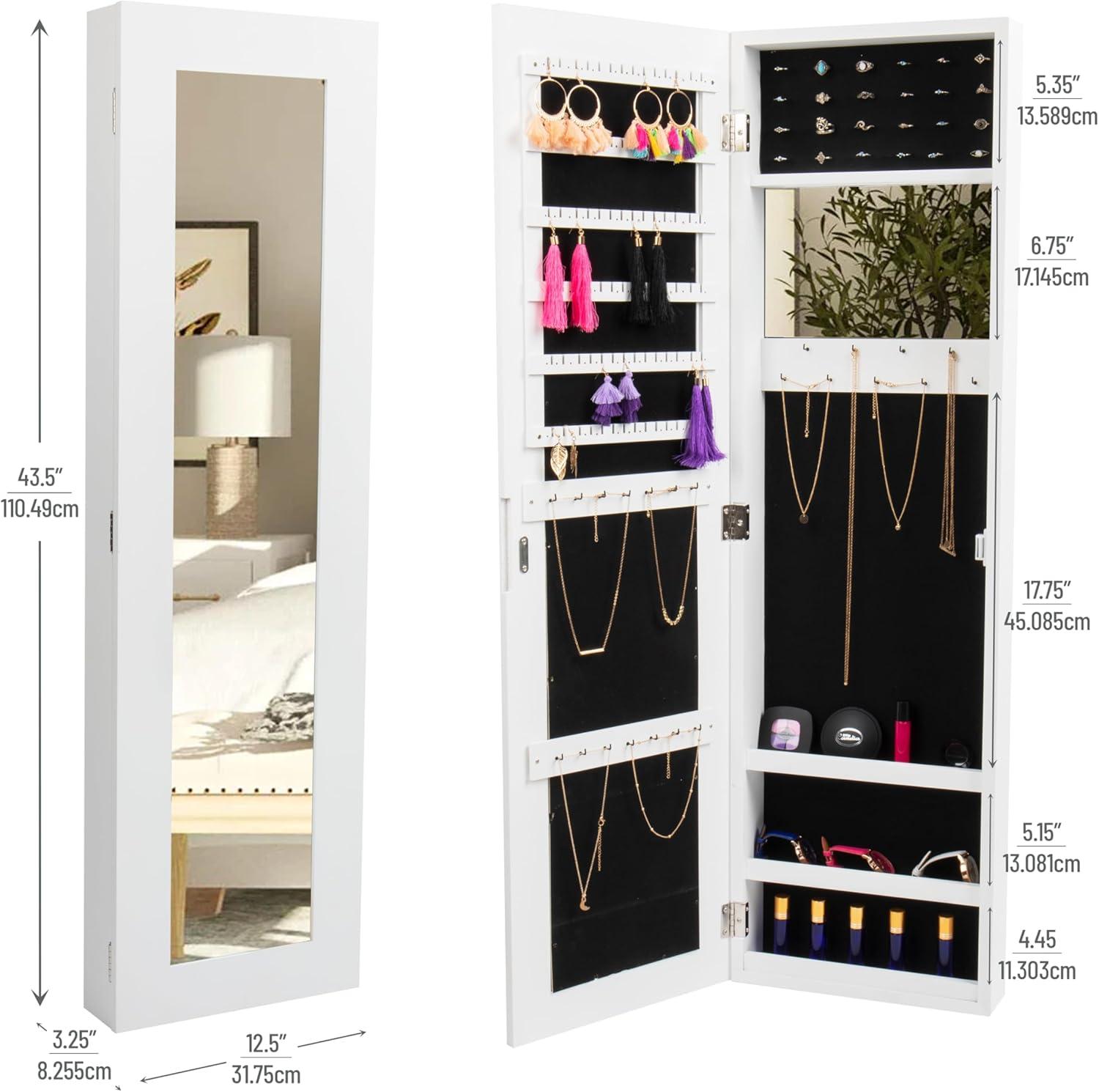 imageMind Reader Jewelry Organizer Full Length Mirror Jewelry Armoire Storage Wall Mount Wood 125quot L x 35quot W x 435quot H WhiteWhite Wall Mount