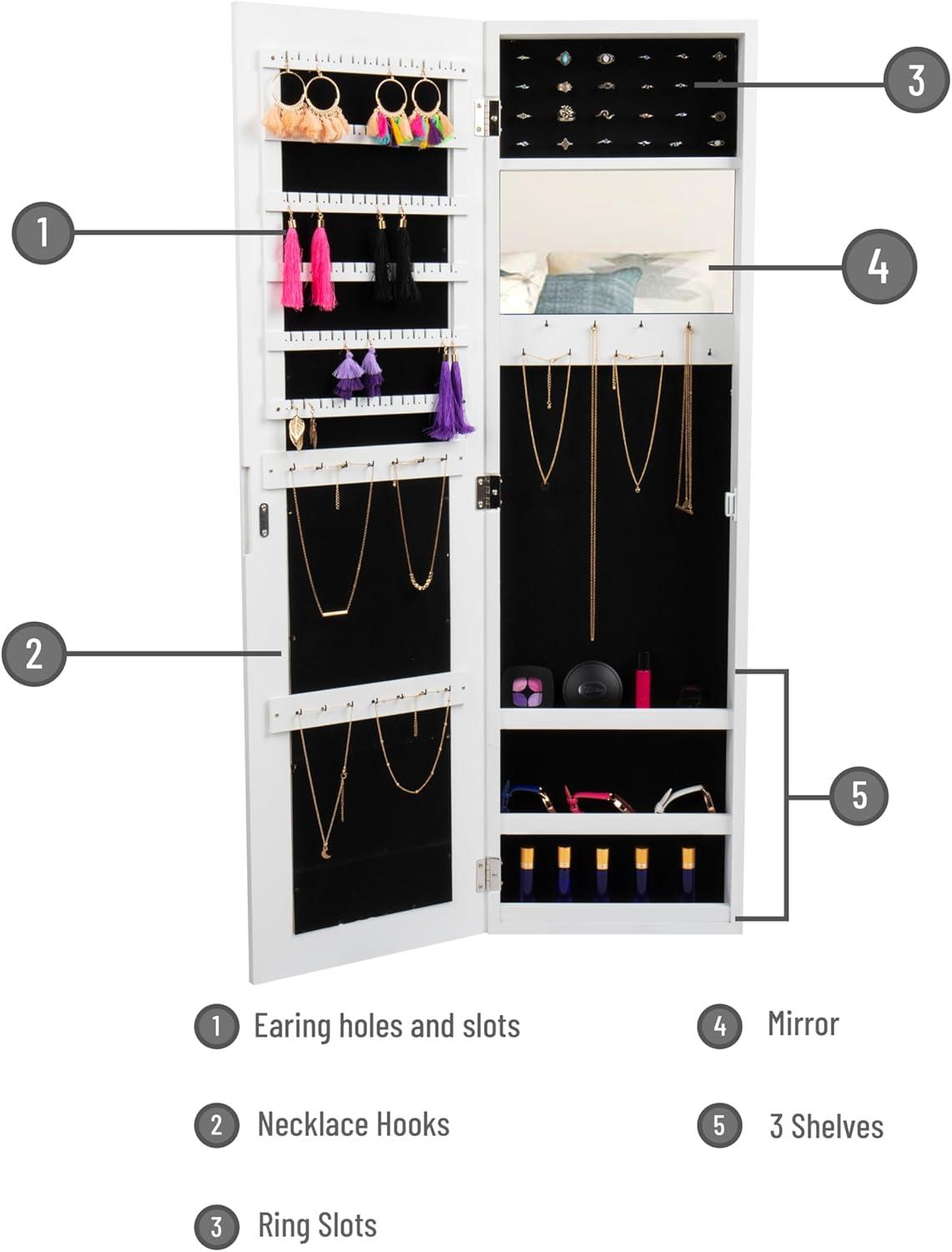 imageMind Reader Jewelry Organizer Full Length Mirror Jewelry Armoire Storage Wall Mount Wood 125quot L x 35quot W x 435quot H WhiteWhite Wall Mount