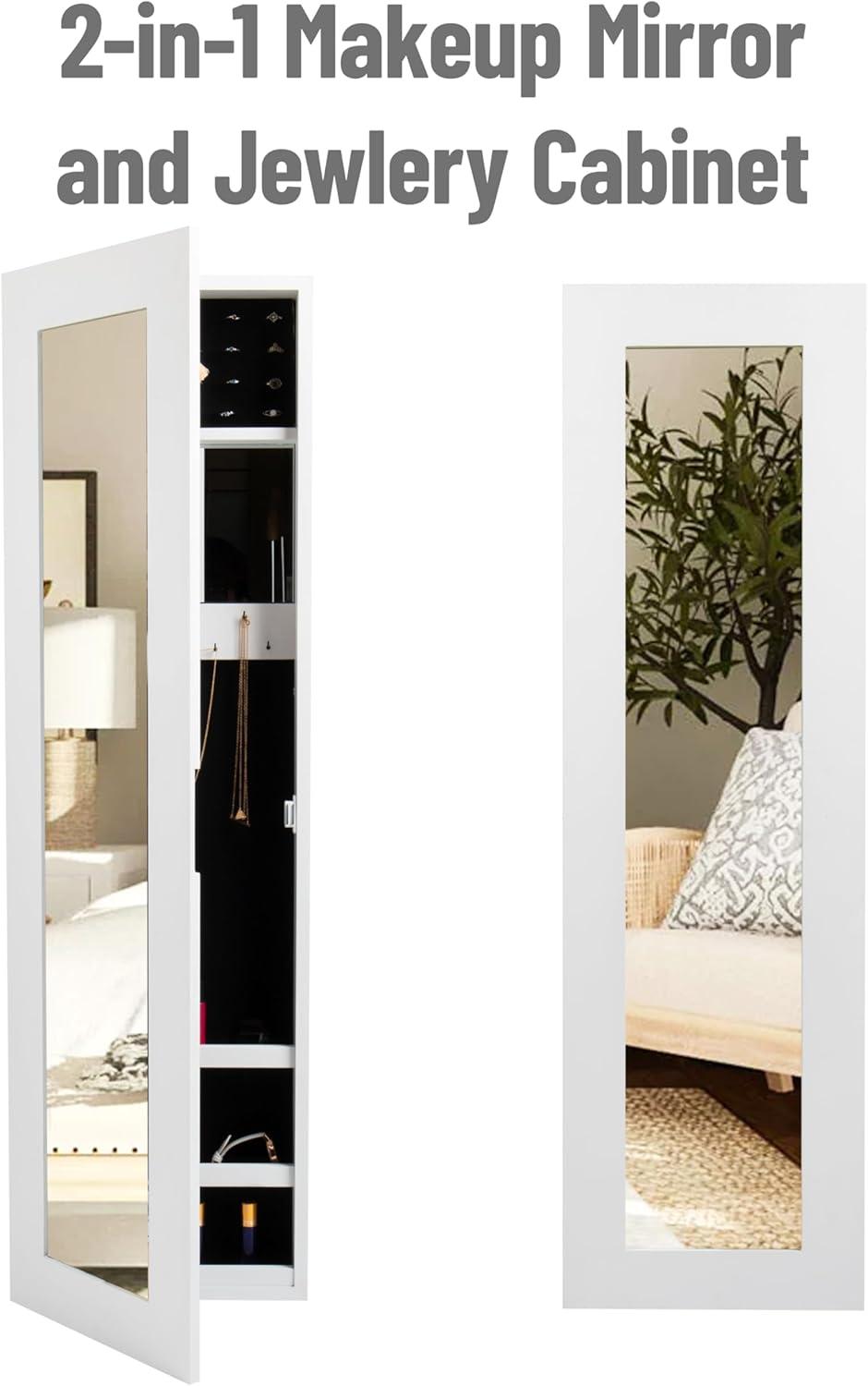 imageMind Reader Jewelry Organizer Full Length Mirror Jewelry Armoire Storage Wall Mount Wood 125quot L x 35quot W x 435quot H WhiteWhite Wall Mount
