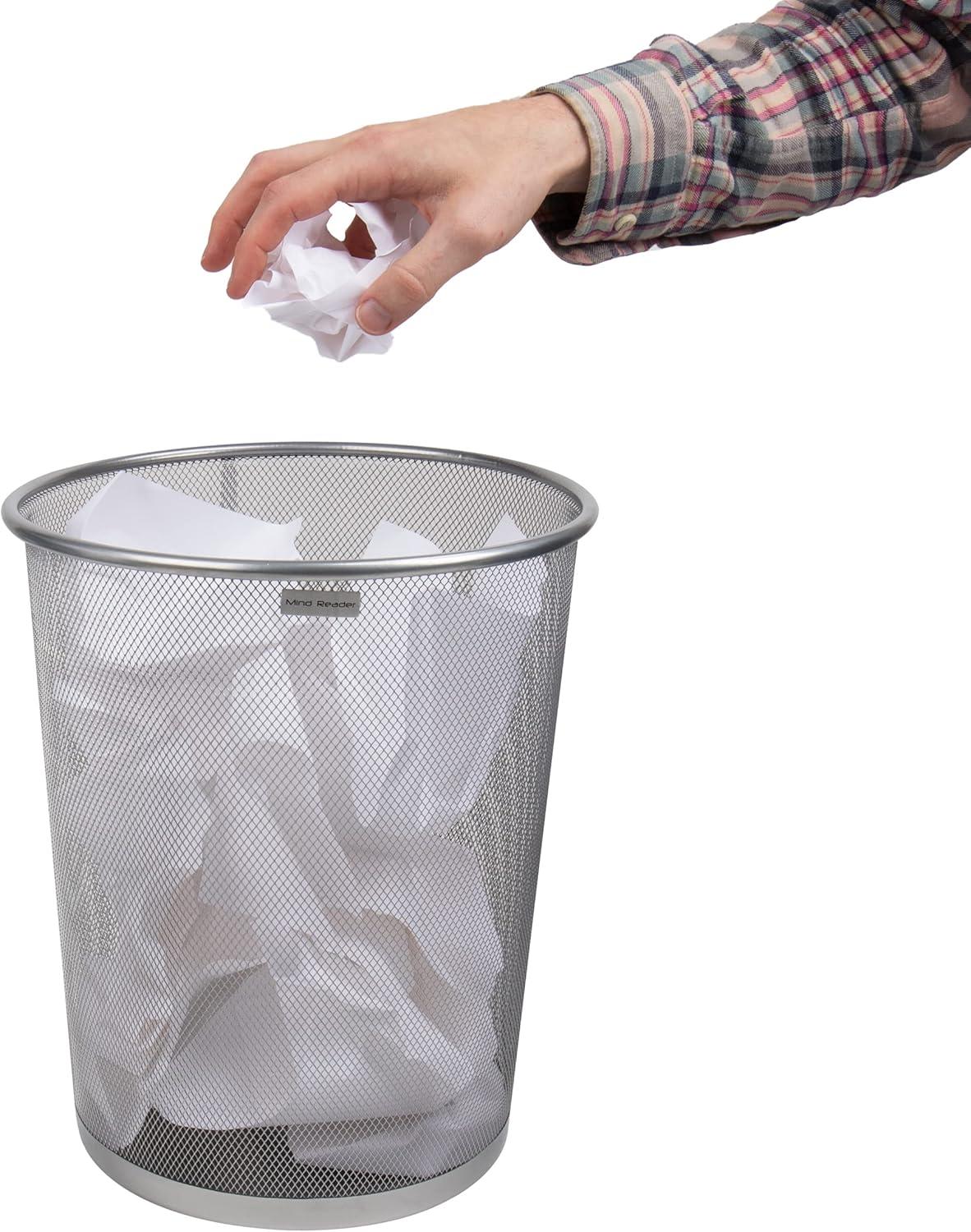 imageMind Reader Mesh Trash Can 1665L 44 gal Waste Paper Basket Round Office Metal Mesh WhiteSilver