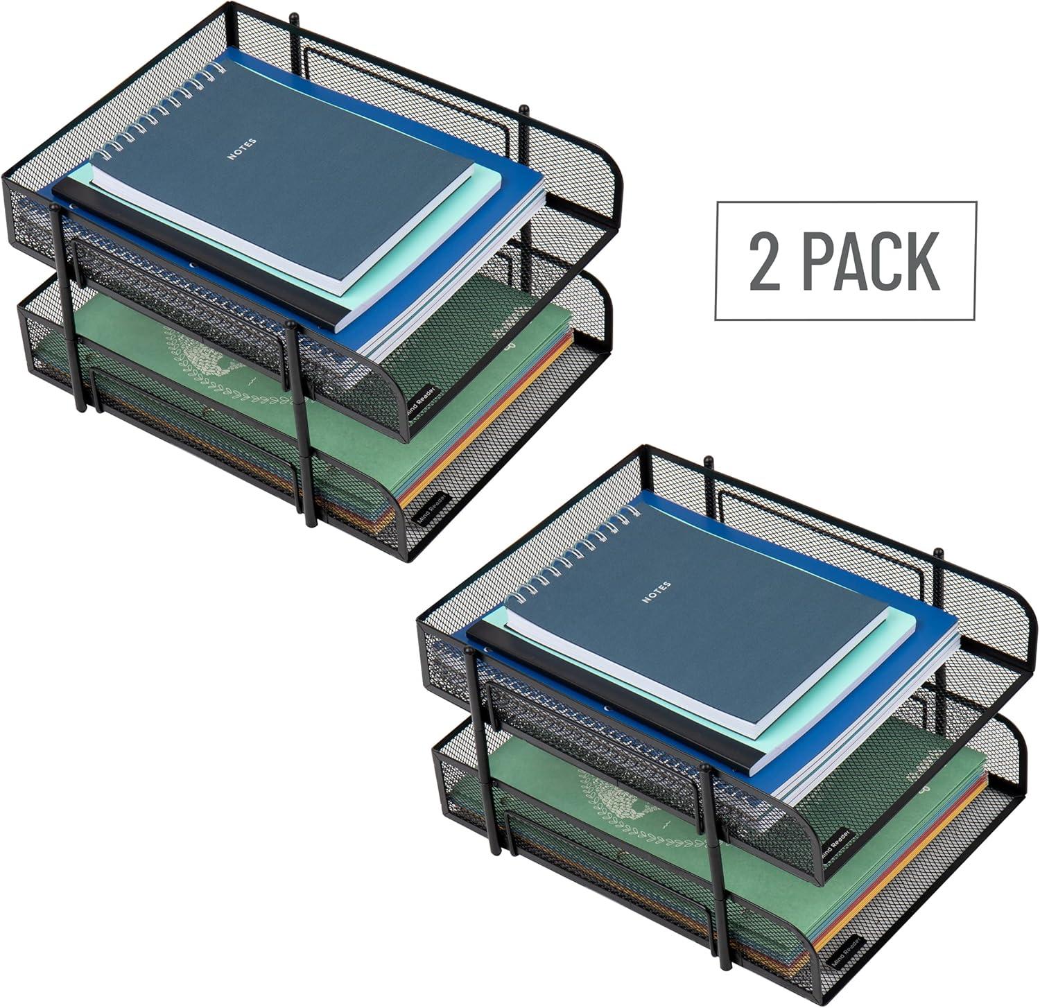 imageMind Reader Paper Tray Desk Organizer Stackable Storage Office Metal Mesh 105quot L x 1325quot W x 75quot H Set of 2 Black2Pack