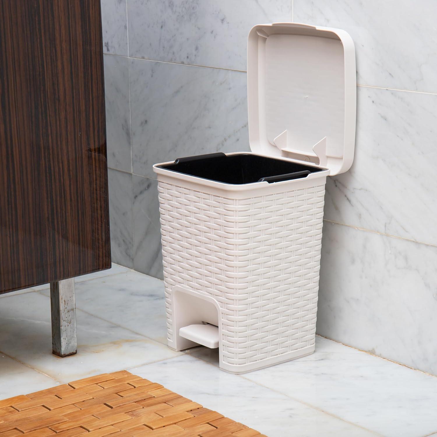 imageMind Reader Trash Can 55L 15 gal Capacity Bathroom Decor Hands Free Lid Square 775quot L x 775quot W x 11quot H IvoryIvory Square Bin