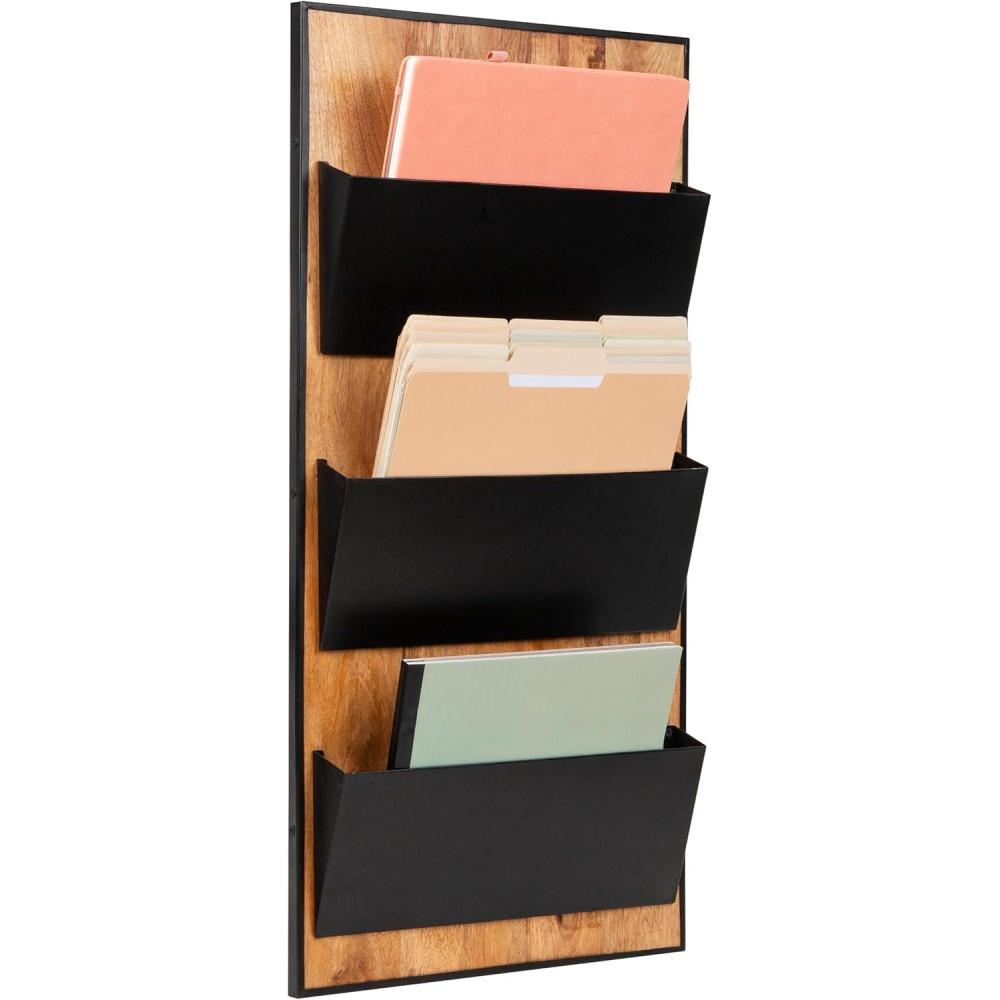 imageMind Reader 3Tier WallMounted File Organizer Wood and Metal Vertical Rack for Mail Magazines and Documents Black