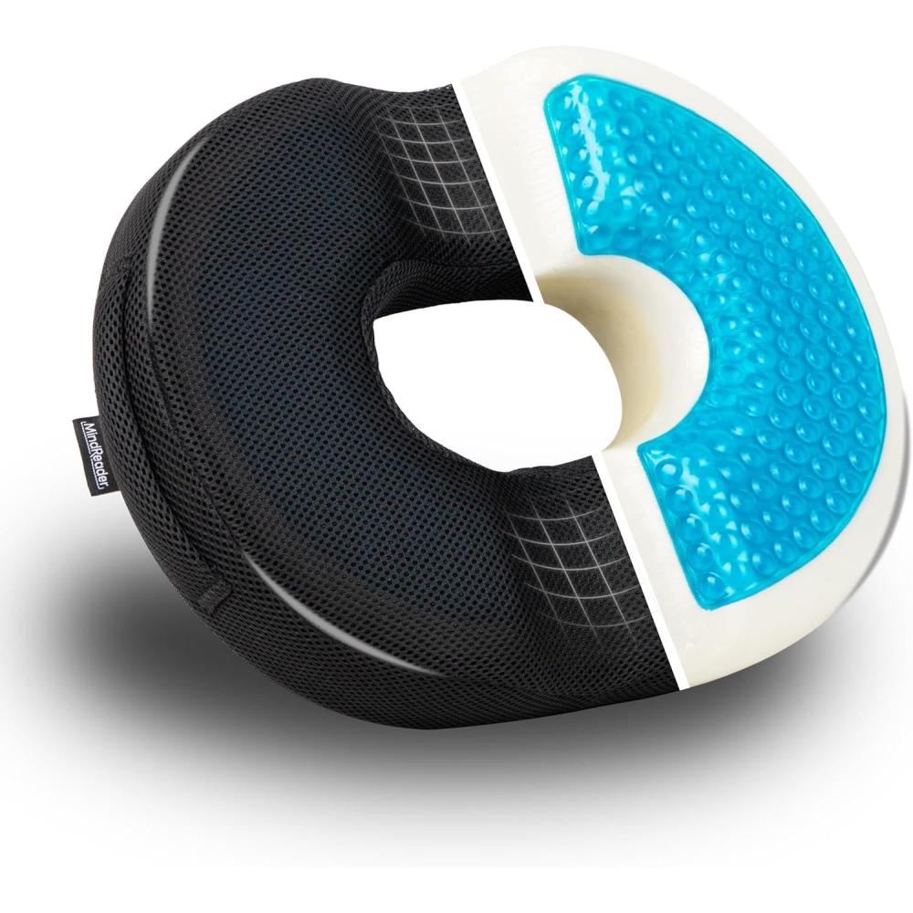 imageMind Reader AirCloud Gel Donut Pillow Ergonomic Memory Foam Seat Cushion with Cooling Core Tailbone Hemorrhoid Pregnancy Relief Black