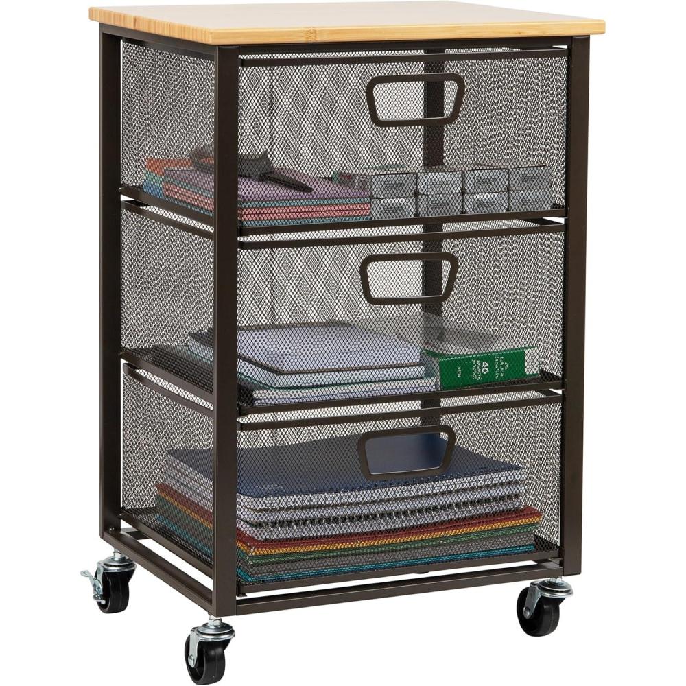 imageMind Reader Cart with Covered Compartment Office Organizer Storage 3Tier Office Metal 155quot L x 11quot W x 2825quot H Black3Drawers with Wood Top