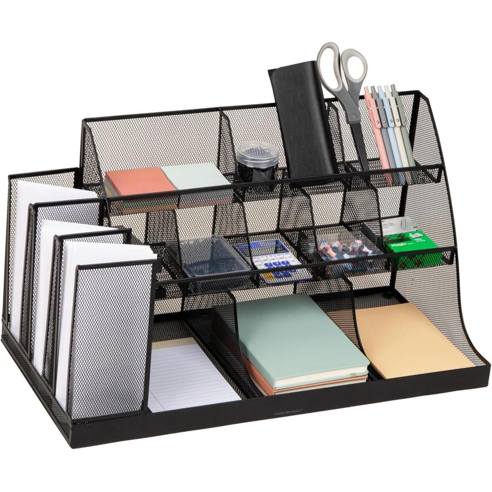 imageMind Reader Countertop Organizer 3Tier Desktop Storage Rack Office Breakroom Supply Caddy Metal Mesh BlackBlack Metal