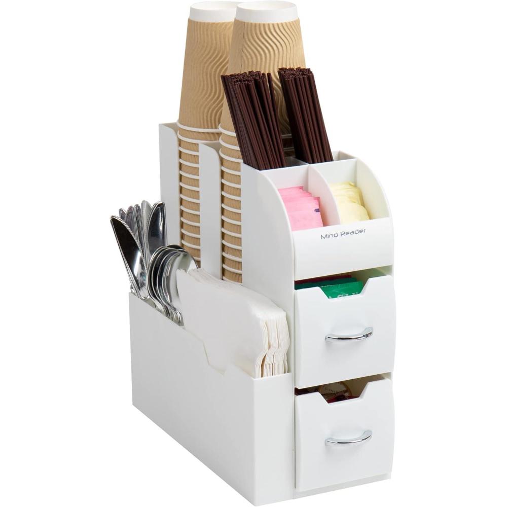 imageMind Reader Cup and Condiment Station Countertop Organizer Coffee Bar Kitchen Stirrers 5375quotL x 12quotW x 1125quotH White