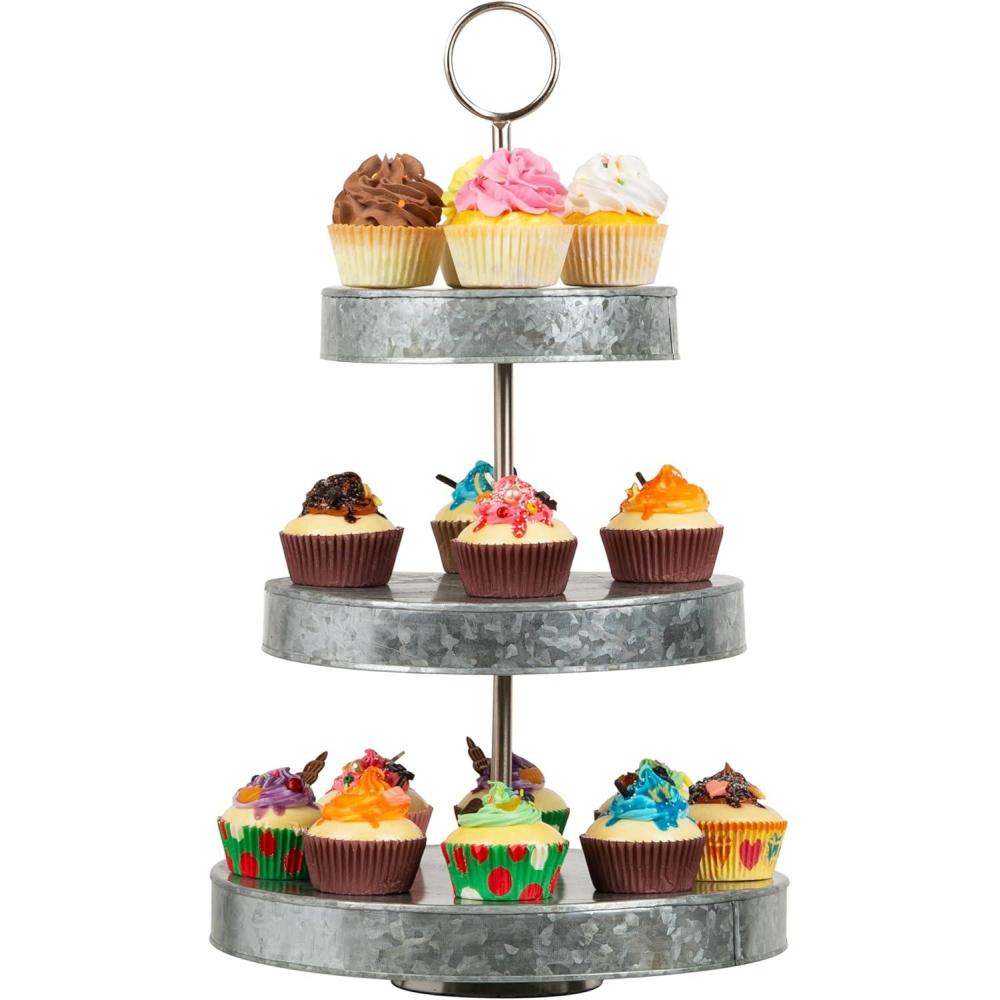 imageMind Reader Cupcake Stand Tiered Dessert Table Display Kitchen Tower Galvanized Metal 12quot L x 12quot W x 21quot H Silver