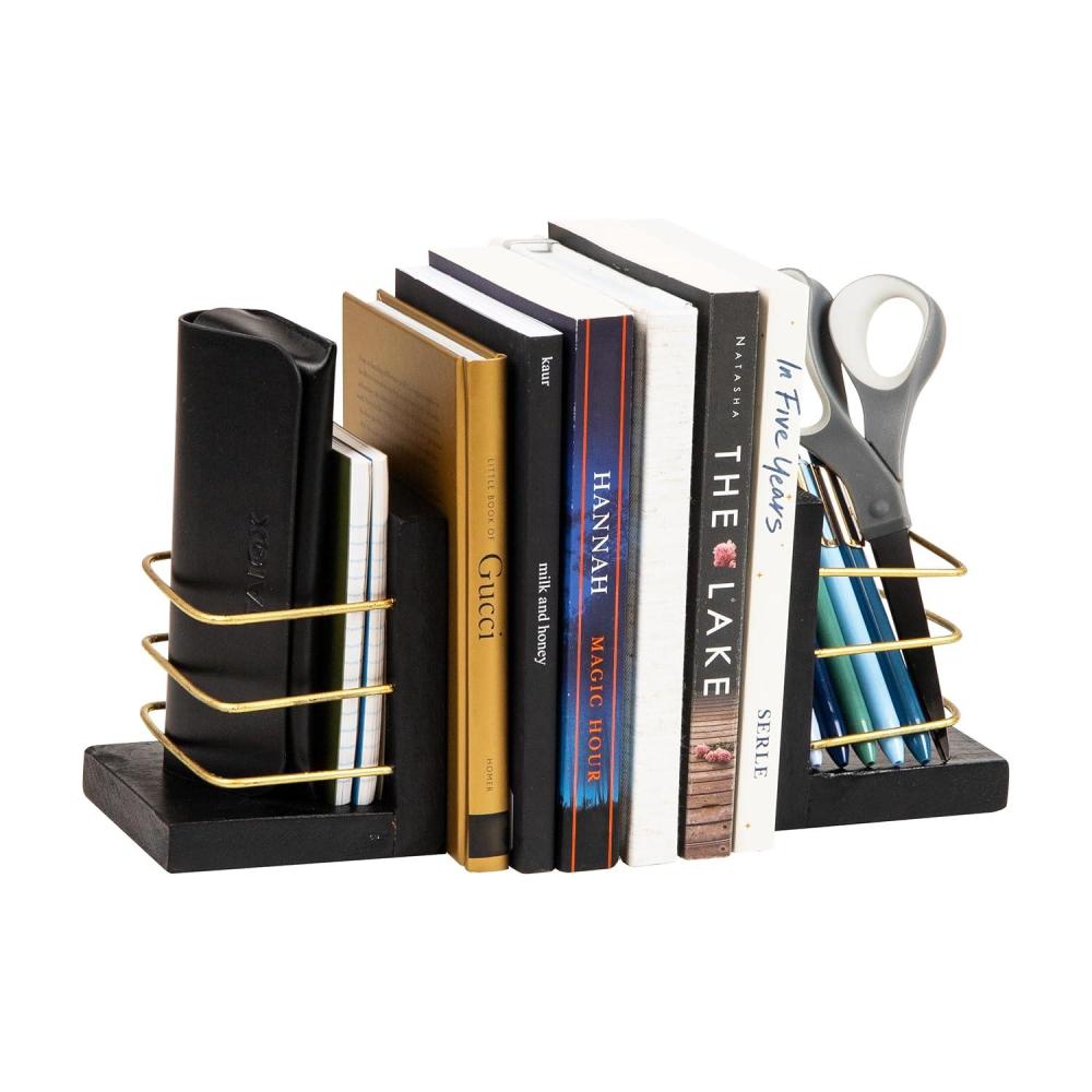 imageMind Reader Decorative Basket Bookends Office Decor with Storage Wood and Metal Set of 2 Black and Gold