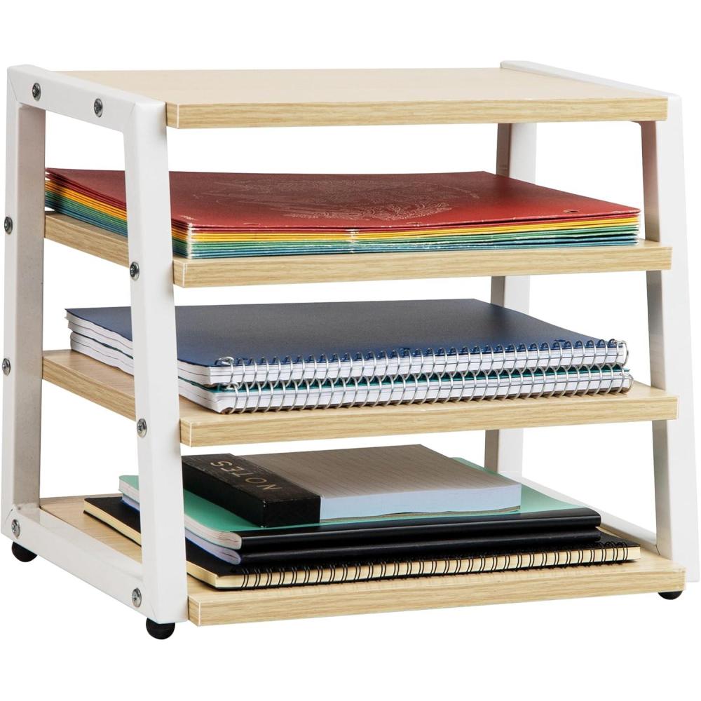 imageMind Reader Divided Storage Basket with Legs Accessory Holder Desktop Organization Office Plastic 1925quotL x 525quotW x 65quotH White and Brown4Tier Desk Organizer