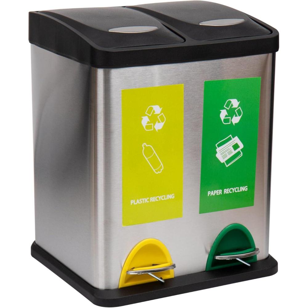 imageMind Reader Dual Recycling Bin Kitchen Trash Can Garbage Bin Lid Stainless Steel 18quot L x 105quot W x 155quot H Silver