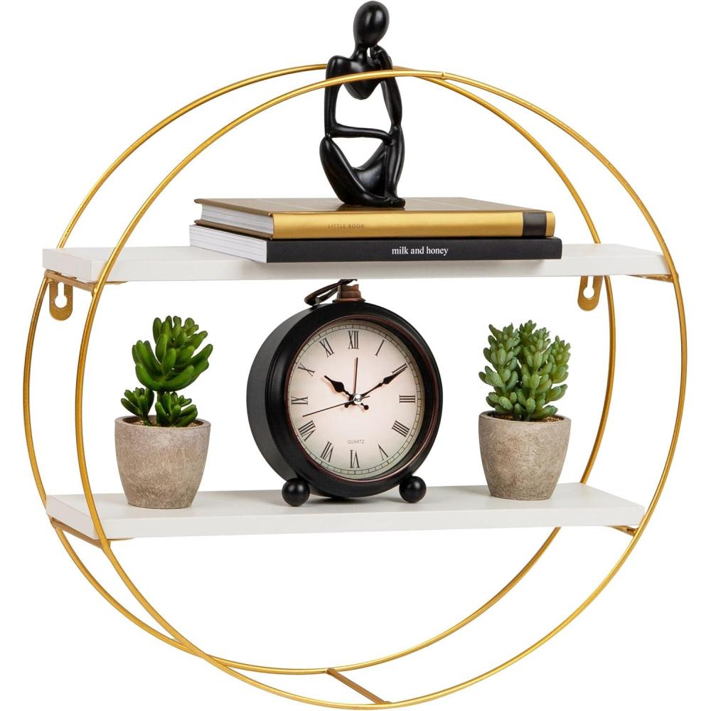 imageMind Reader Floating Round Wall Shelves Gold Metal Frame with Dual White Display Shelves Decorative WallMounted Organizer for Living Room Office or Bathroom Metal MDF White
