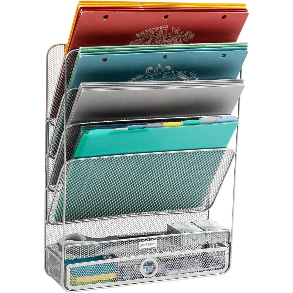 imageMind Reader Hanging Accessory Organizer Adhesive WallMounted Shelf with Hooks for Home Office Dorm or Bathroom Metal TanSilver
