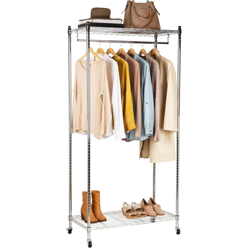 imageMind Reader Heavy Duty Rolling Garment Rack with Adjustable Bar Double Shelves ampamp Locking Wheels Chrome Steel Clothing Organizer Chrome