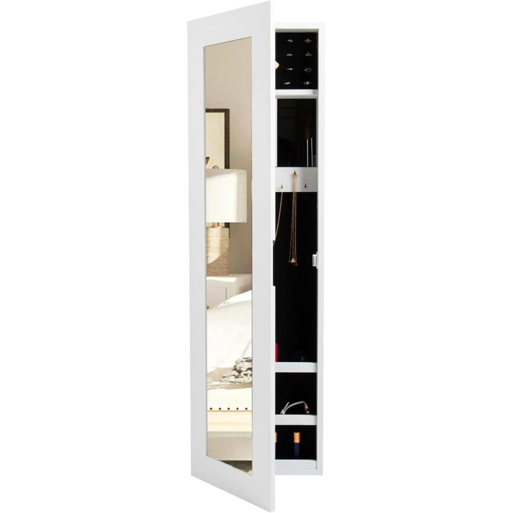 imageMind Reader Jewelry Organizer Full Length Mirror Jewelry Armoire Storage Wall Mount Wood 125quot L x 35quot W x 435quot H WhiteWhite Wall Mount