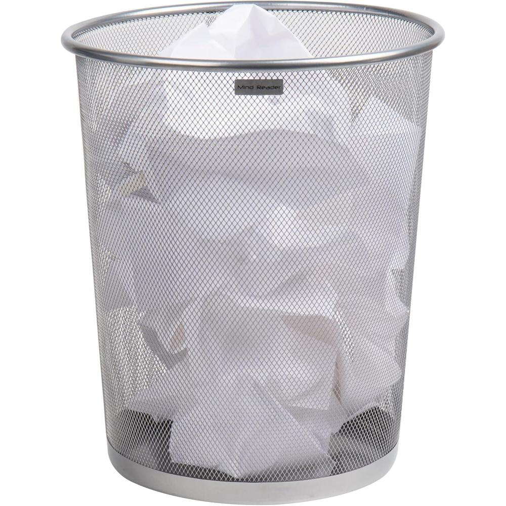 imageMind Reader Mesh Trash Can 1665L 44 gal Waste Paper Basket Round Office Metal Mesh WhiteSilver