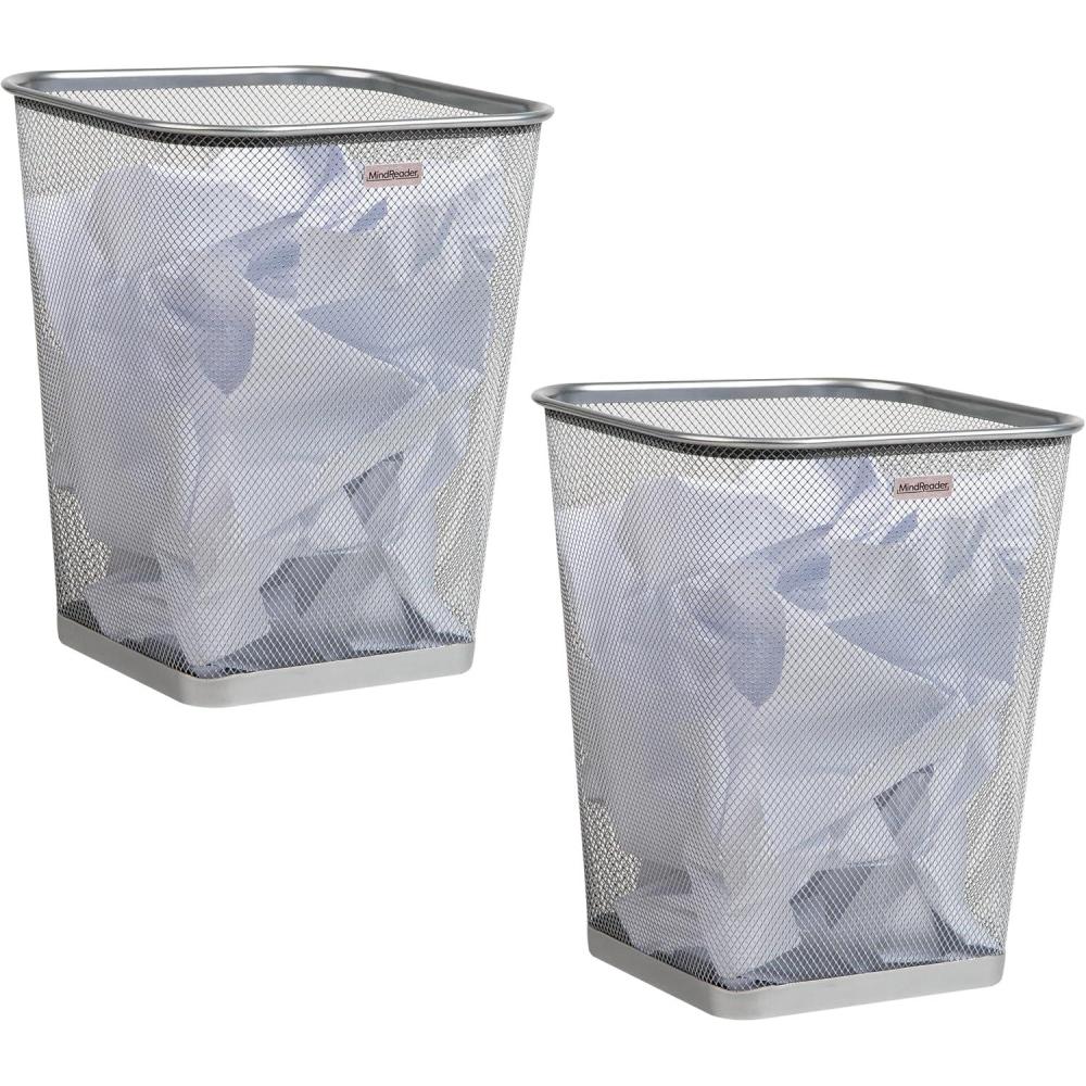 imageMind Reader Mesh Trash Can Waste Paper Basket Square Office Metal Mesh 975quotL x 975quotW x 1225quotH Set of 2 BlackSilver