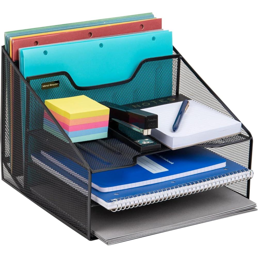 imageMind Reader Metal Mesh Desktop File Organizer 3Tier Paper Tray with 5 Compartments Office Mail Sorter BlackBlack