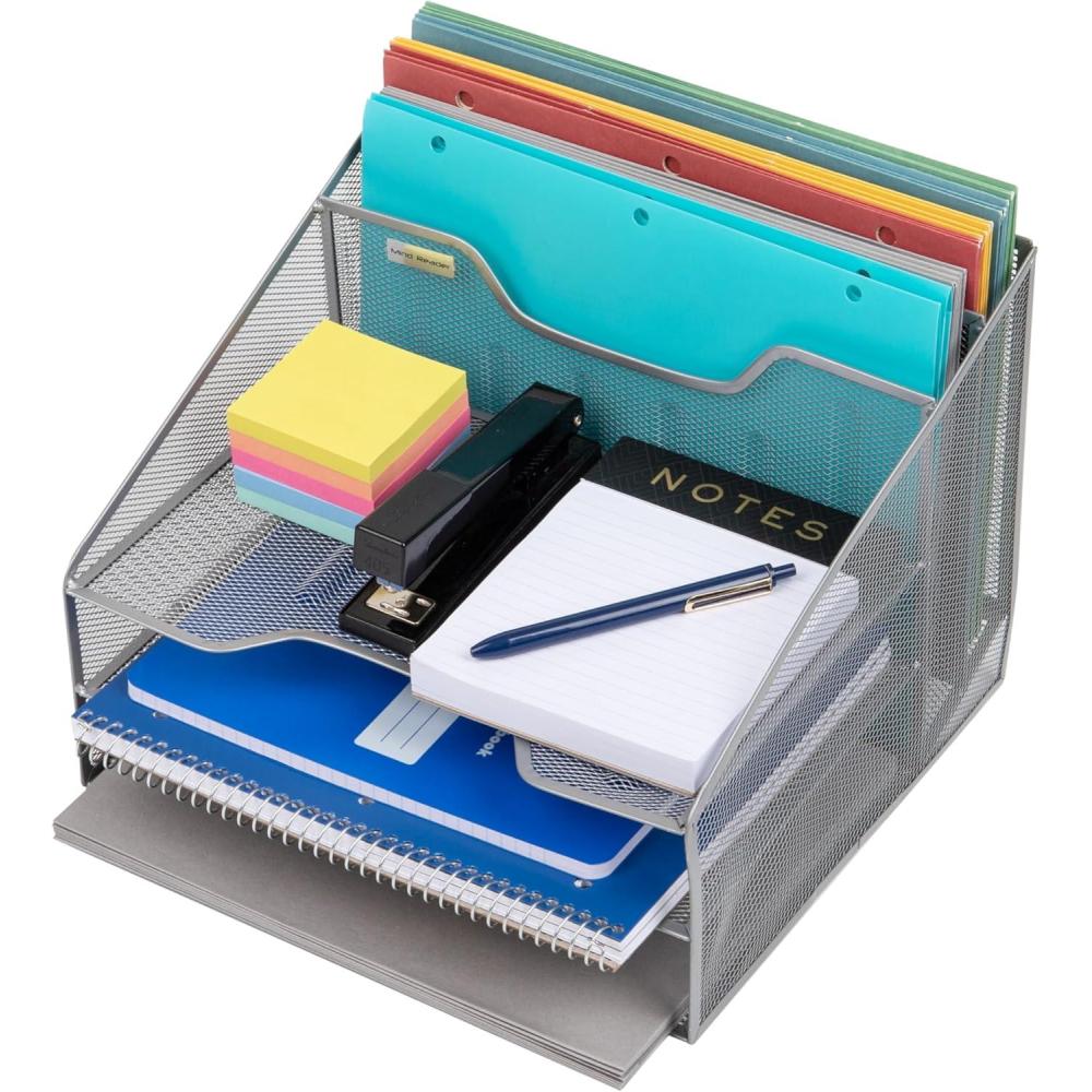 imageMind Reader Metal Mesh Desktop File Organizer 3Tier Paper Tray with 5 Compartments Office Mail Sorter BlackSilver