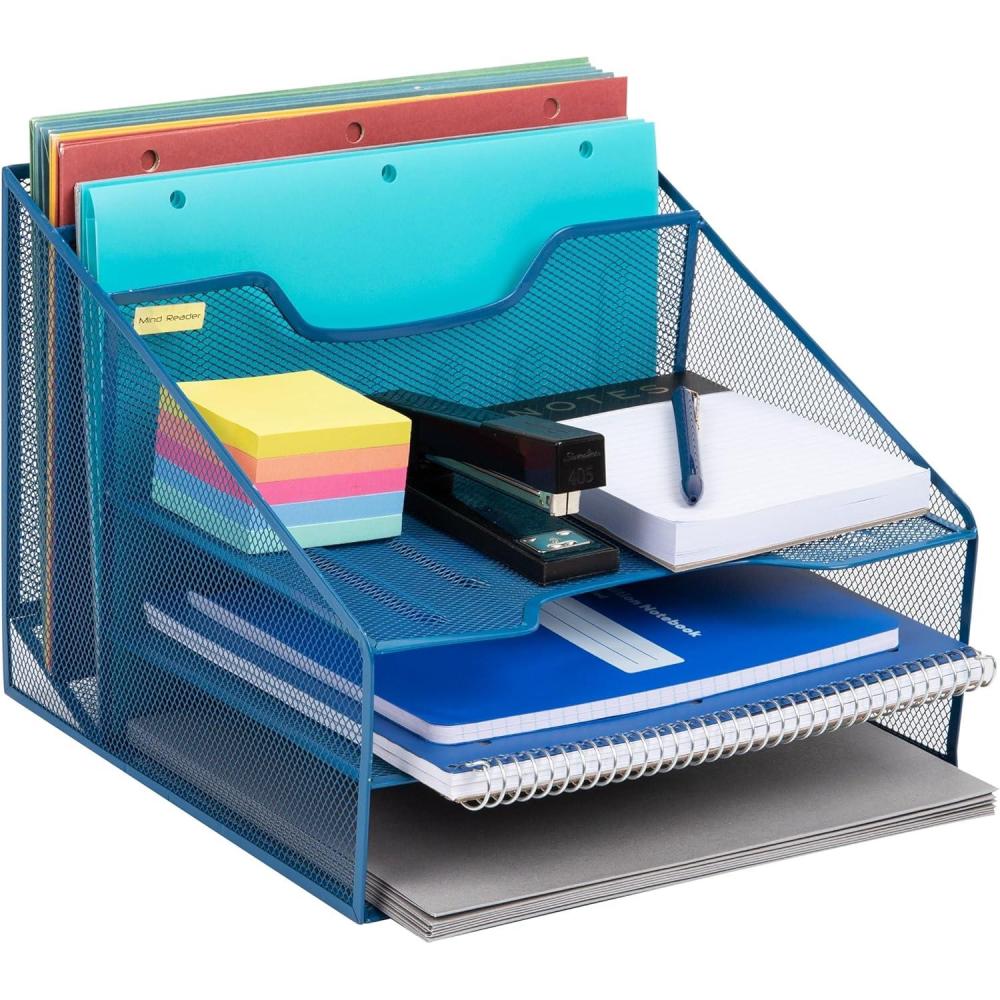 imageMind Reader Metal Mesh Desktop File Organizer 3Tier Paper Tray with 5 Compartments Office Mail Sorter BlackTurquoise