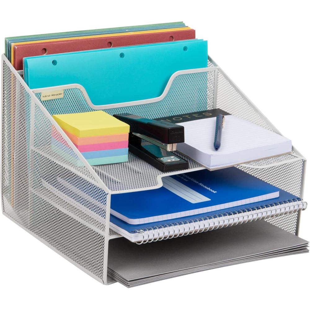 imageMind Reader Metal Mesh Desktop File Organizer 3Tier Paper Tray with 5 Compartments Office Mail Sorter BlackWhite
