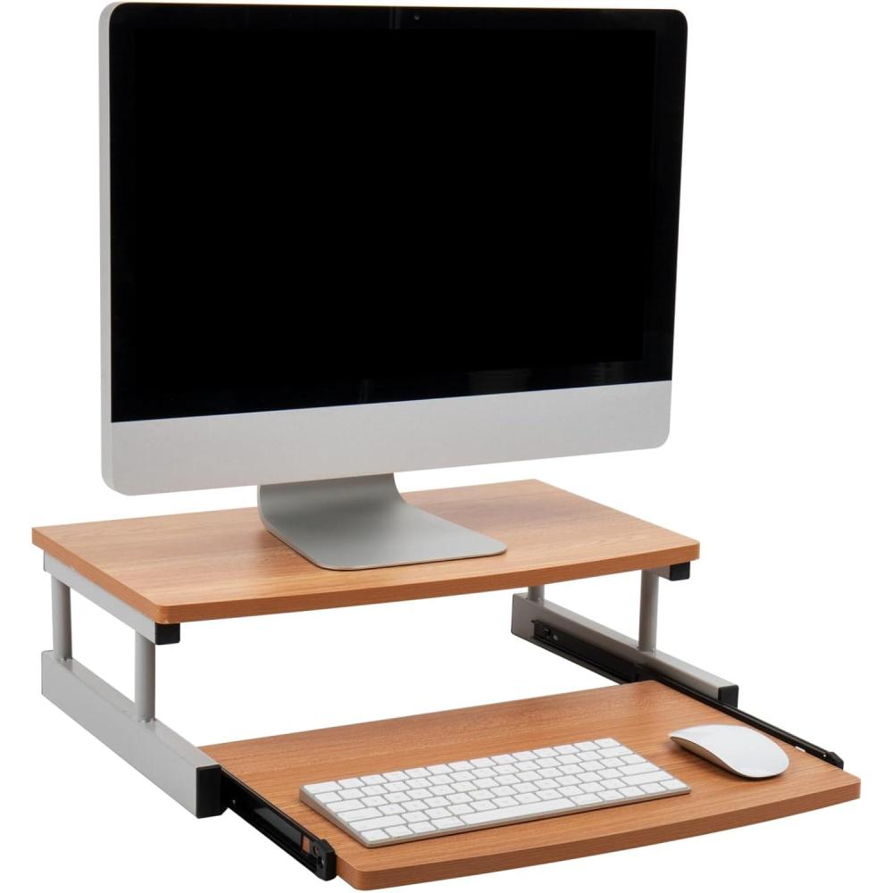 imageMind Reader Monitor Stand Sliding Keyboard Drawer Laptop Riser Office WoodMetal 20quot L x 1475quot W x 59quot H Brown Silver