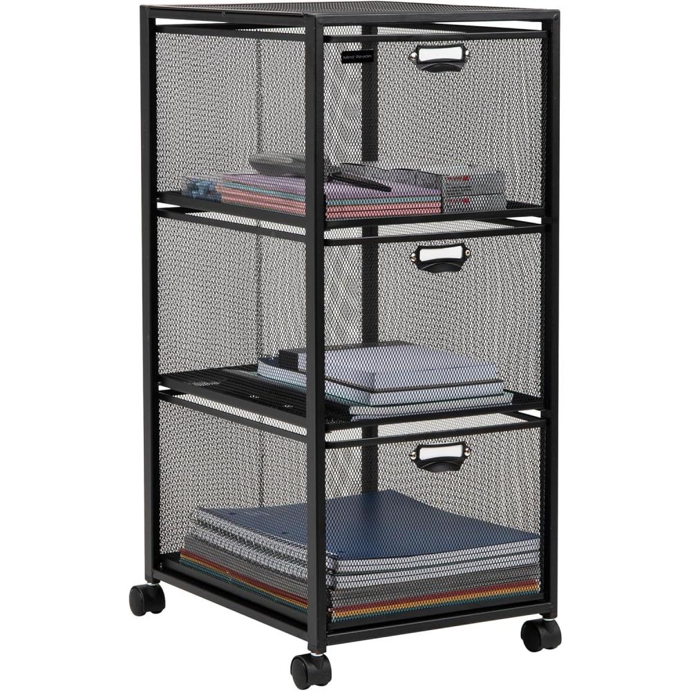 imageMind Reader Multipurpose Cart with Drawers Rolling Office Organizer and Storage Cabinet Metal Mesh Black3Drawers