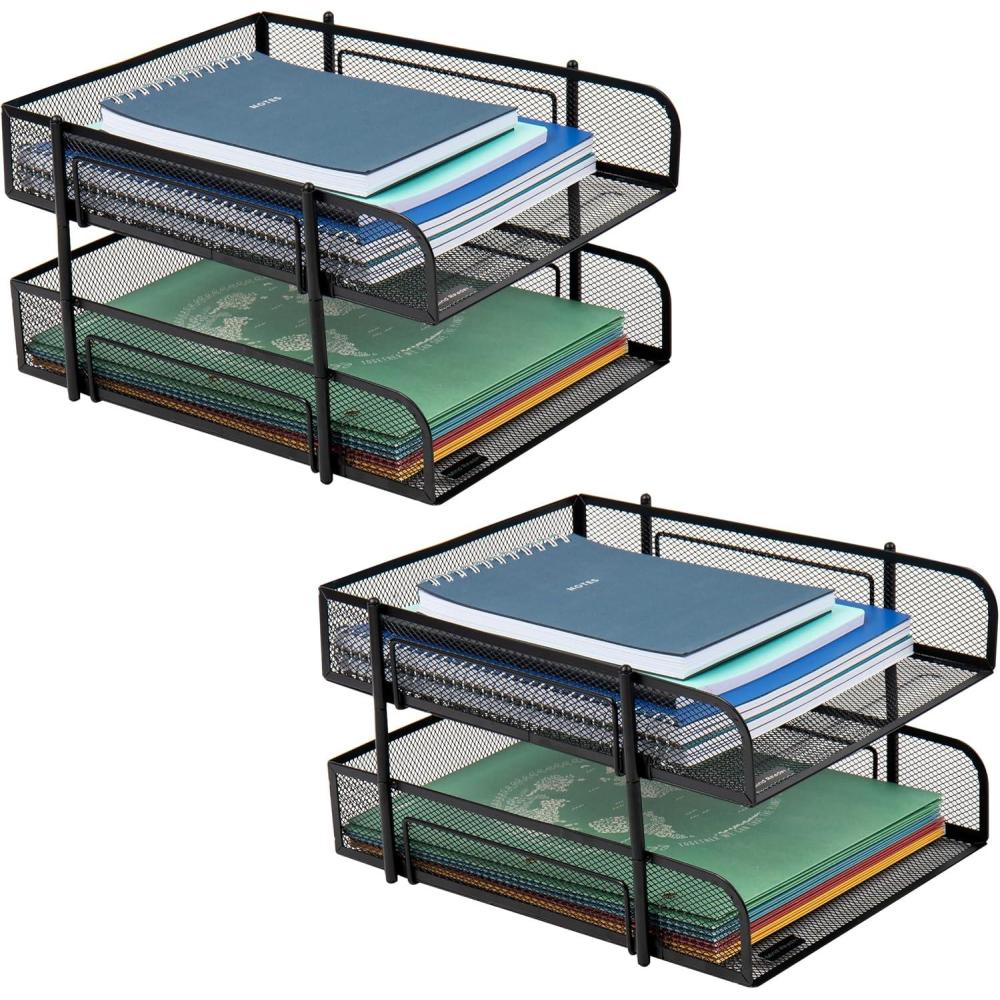 imageMind Reader Paper Tray Desk Organizer Stackable Storage Office Metal Mesh 105quot L x 1325quot W x 75quot H Set of 2 Black2Pack