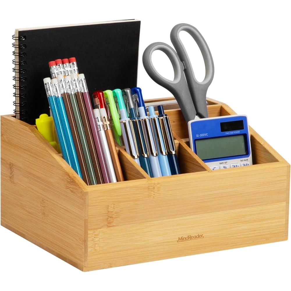 imageMind Reader Pen Cup Accessory Holder Desktop Organization Office Bamboo 35quot L x 35quot W x 3875quot H Brown7compartment Organizer