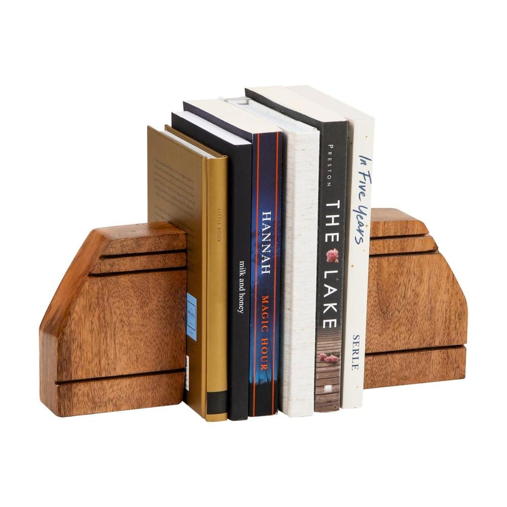 imageMind Reader Rustic Wood Block Bookends Natural Decorative Holders for Books and Magazines NonSlip Desk or Shelf Organizer Set of 2 Brown